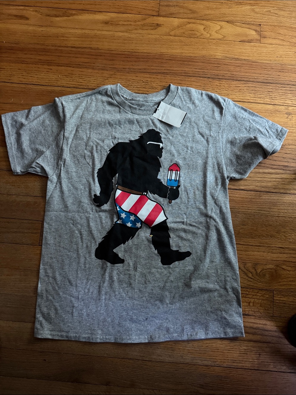 Boy’s Gray T-Shirt with Whimsical, Patriotic Bigfoot Graphic NWT